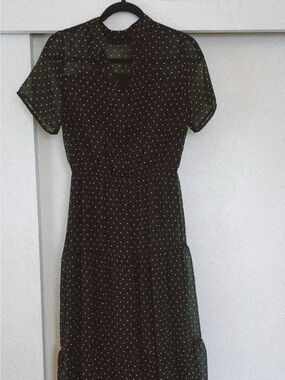 Polka Dot Short Sleeve Midi Dress - Black